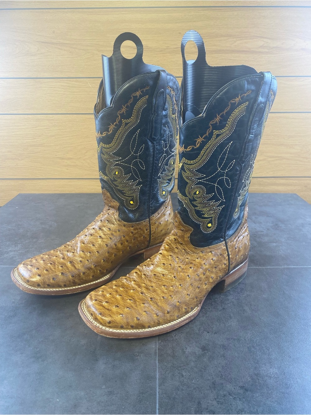 Reywelt Men's Ostrich Leather Print sCowboy Boots Brown & Black size 31/13.5-14